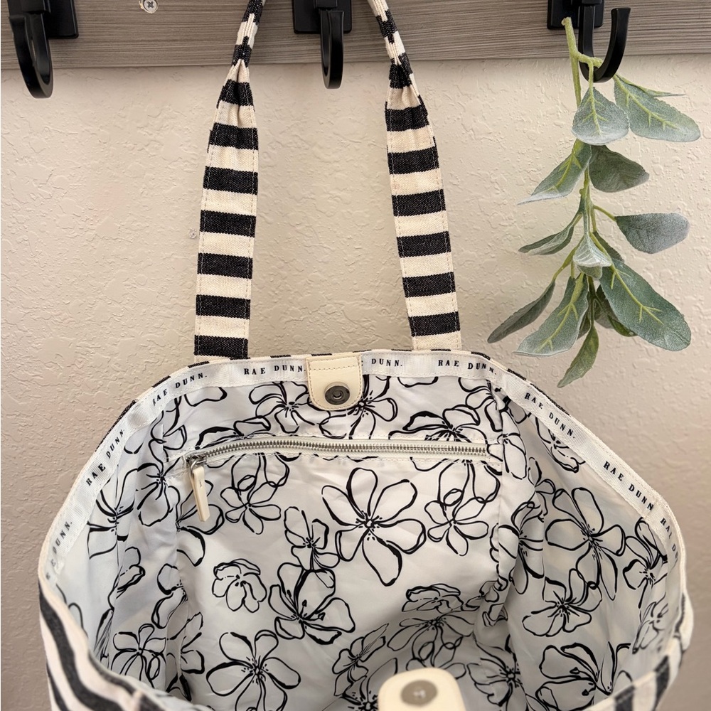 Rae Dunn Black White Striped Canvas Tote Bag Farmhouse Minimalist Shoulder Bag - Picture 7 of 13